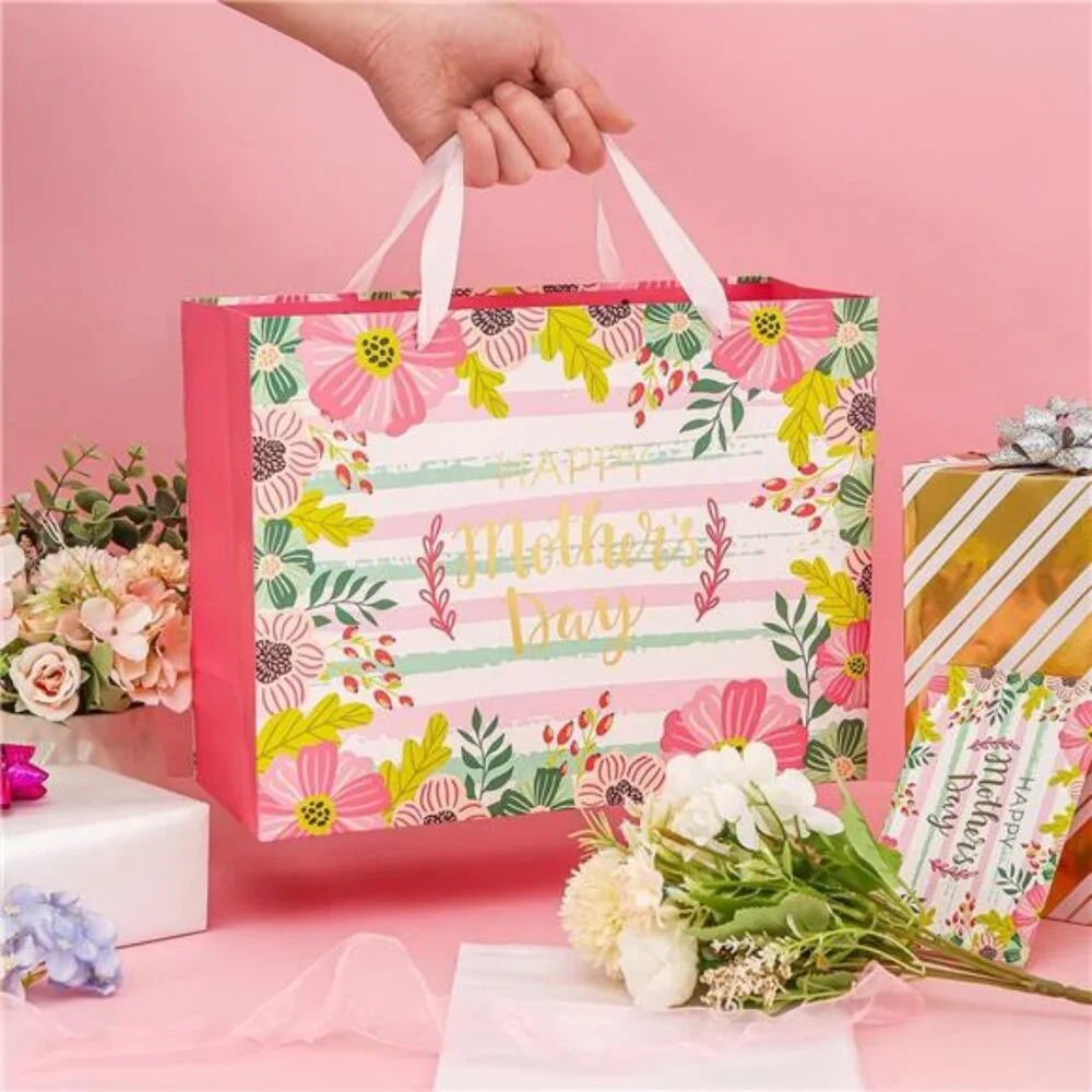 Pink Large Mother's Day Gift Bag with Card and Tissue Paper for Mom Grandma Bags